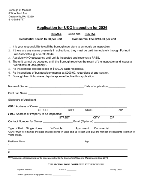 First page of the Application for U&O Inspection for 2026