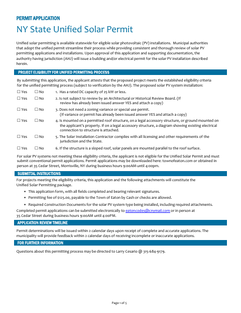 First page of the NY State Unified Solar Permit