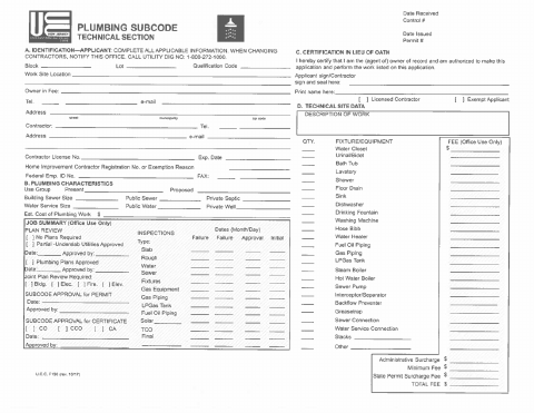 First page of the Plumbing Subcode Application