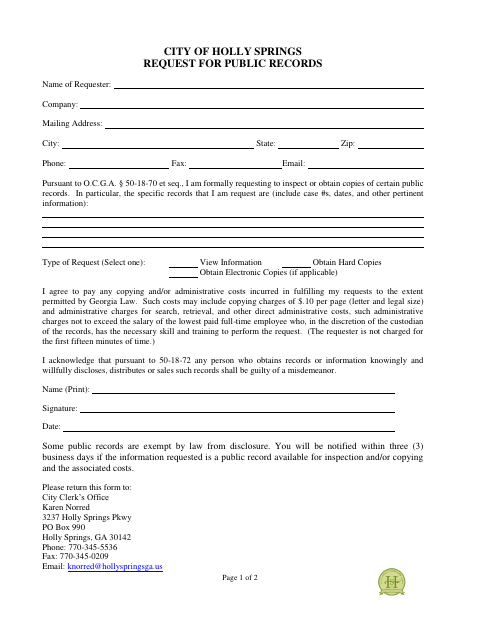 First page of the Request for Public Records