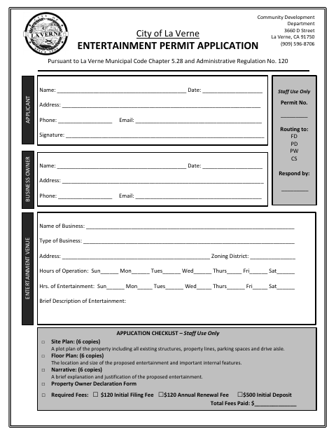 First page of the Entertainment Permit Application