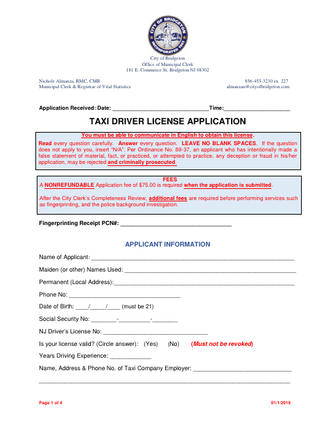 First page of the Taxi Driver License Application