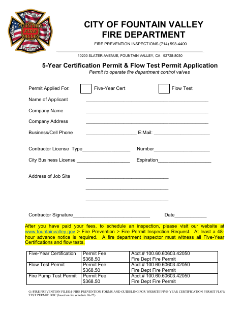 First page of the 5-Year Certification Permit & Flow Test Permit Application