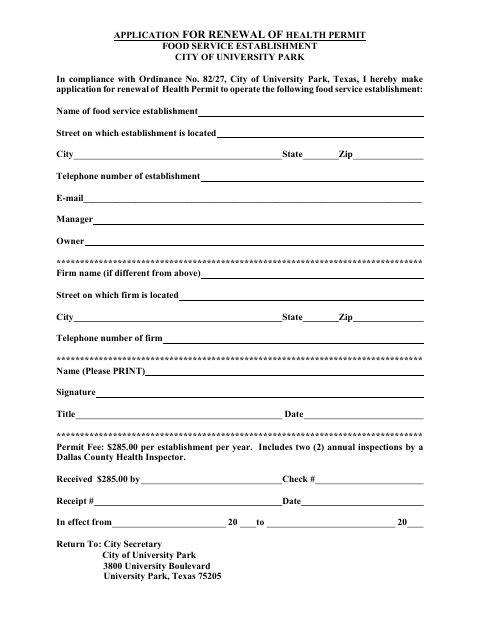 First page of the Application for Renewal of Health Permit Food Service Establishment