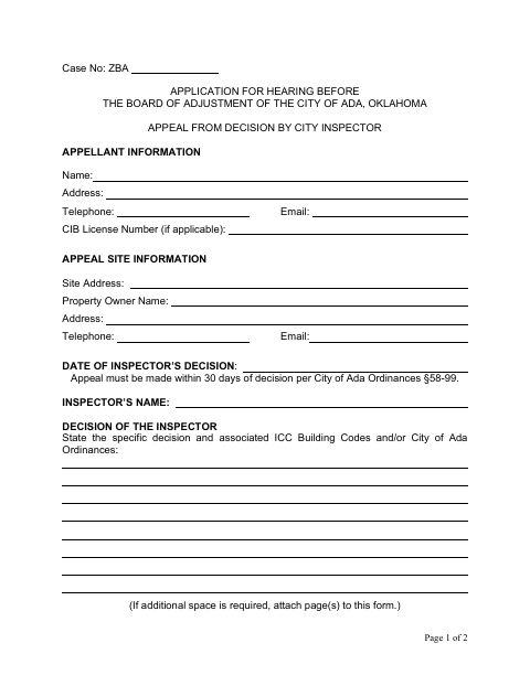 First page of the Board of Adjustment Hearing Appeal Application