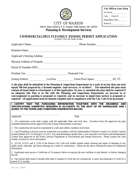 First page of the Commercial/Multi-Family Zoning Permit Application