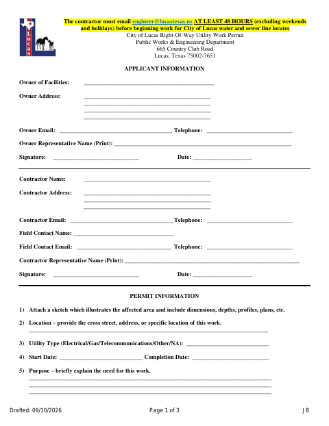 First page of the Right-of-Way Utility Work Permit Application