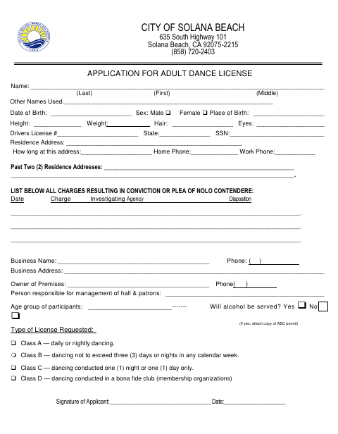 First page of the Application for Adult Dance License
