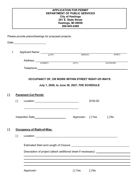 First page of the Right of Way Occupancy Permit Application
