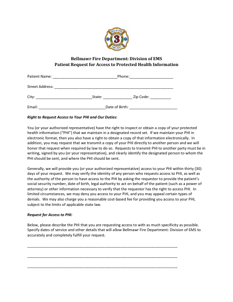 First page of the Patient Request for Access to Protected Health Information