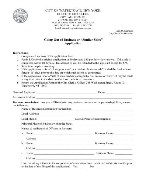 First page of the Going Out of Business or Similar Sales Application