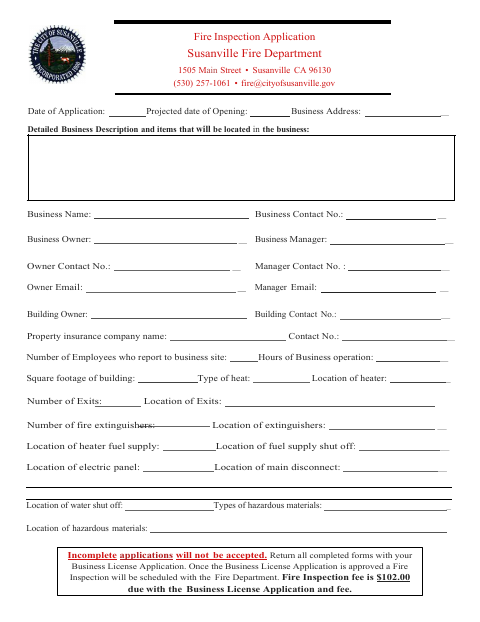 First page of the Fire Inspection Application