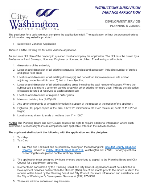 First page of the Subdivision Variance Application