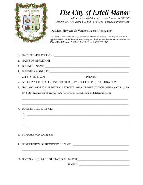 First page of the Peddlers, Hawkers & Vendors License Application