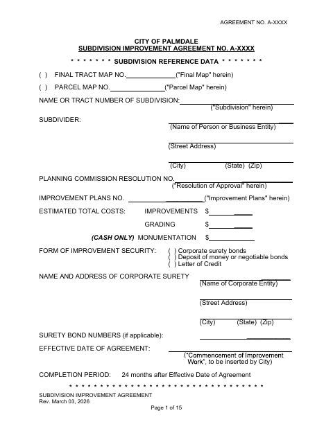 First page of the Subdivision Improvement Agreement Template