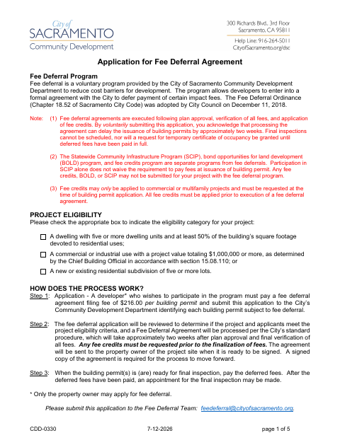First page of the Application for Fee Deferral Agreement