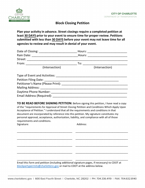 First page of the Neighborhood Block Party Request Petition