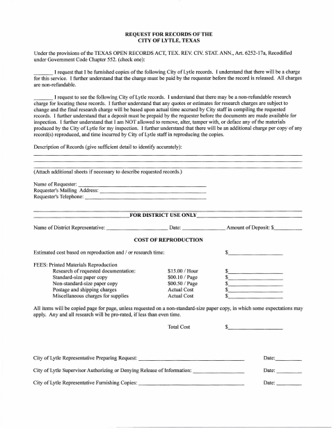 First page of the Request for Records Form