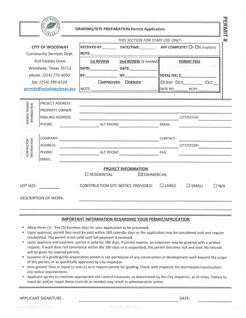 First page of the Grading and Site Preparation Permit Application
