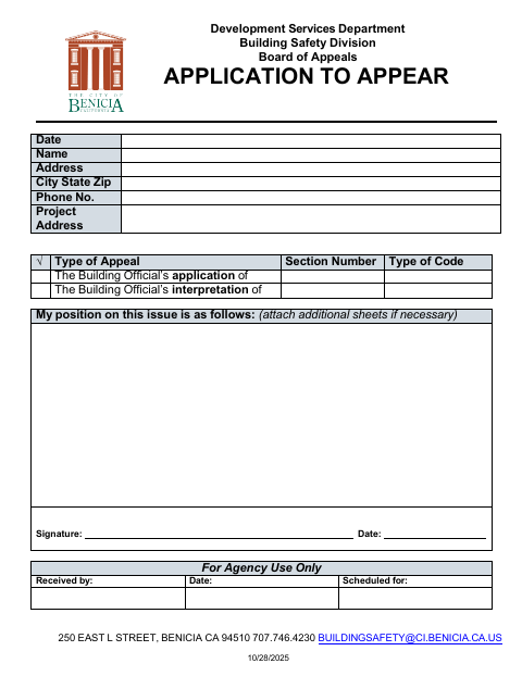 First page of the Board of Appeals Application to Appear