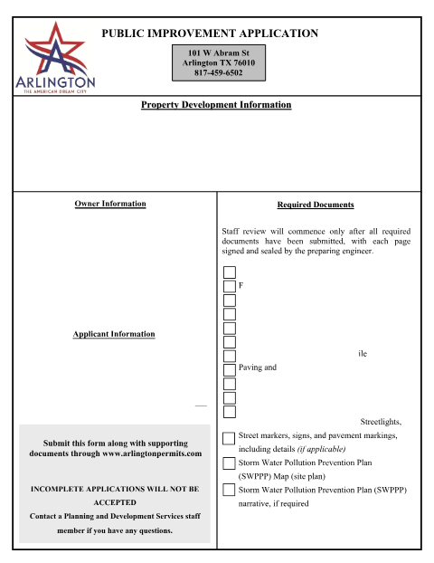 First page of the Public Improvement Development Application