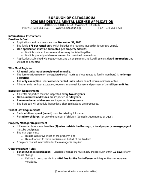 First page of the 2026 Residential Rental License Application