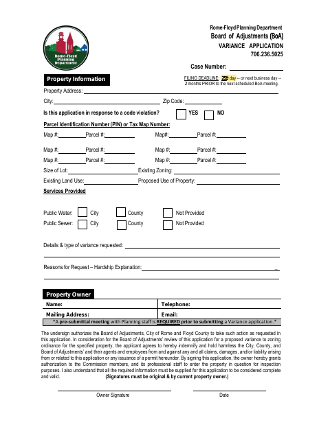First page of the Variance Application