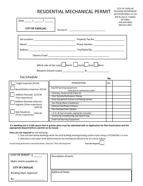 First page of the Residential Mechanical Permit