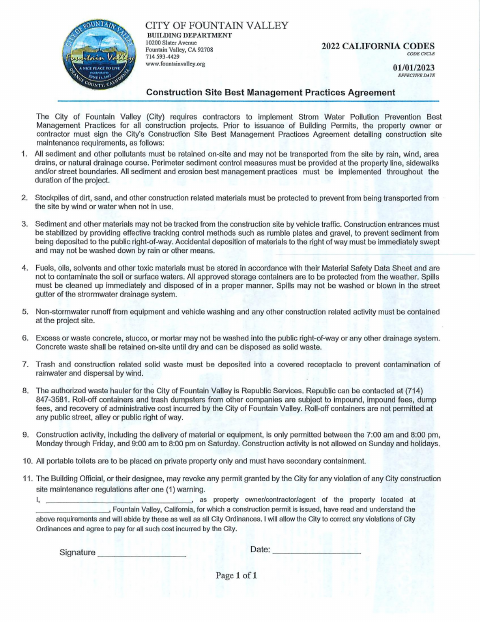 First page of the Construction Site Best Management Practices Agreement