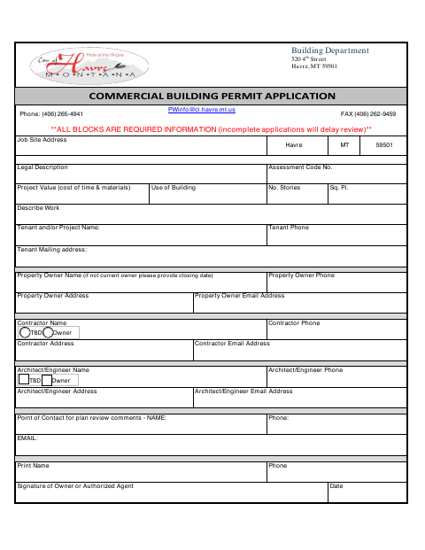 First page of the Commercial Building Permit Application