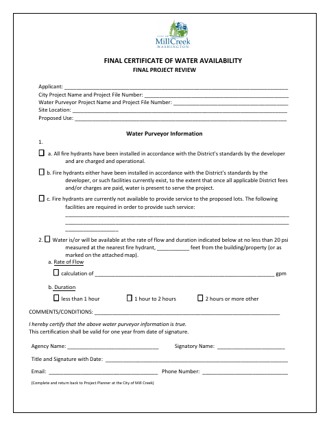 First page of the Final Certificate of Water Availability