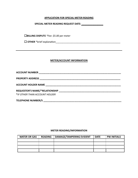 First page of the Application for Special Meter Reading