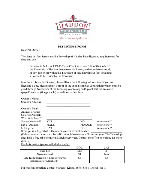 First page of the Pet License Form