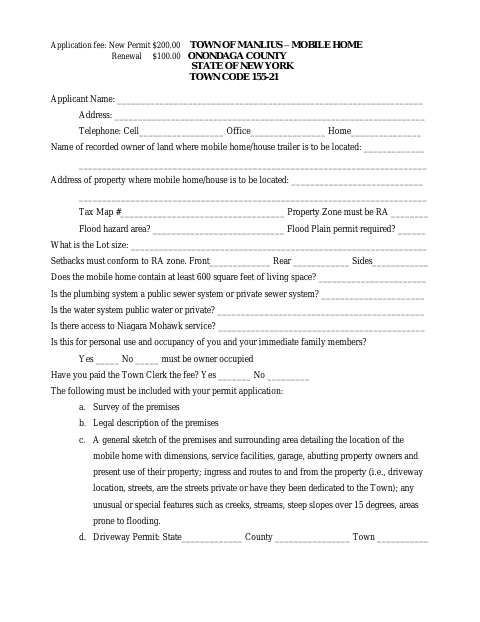 First page of the Mobile Home Permit