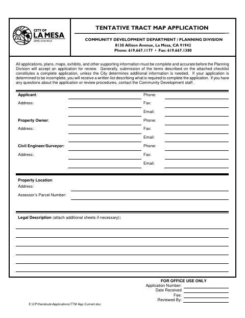 First page of the Tentative Tract Map Application