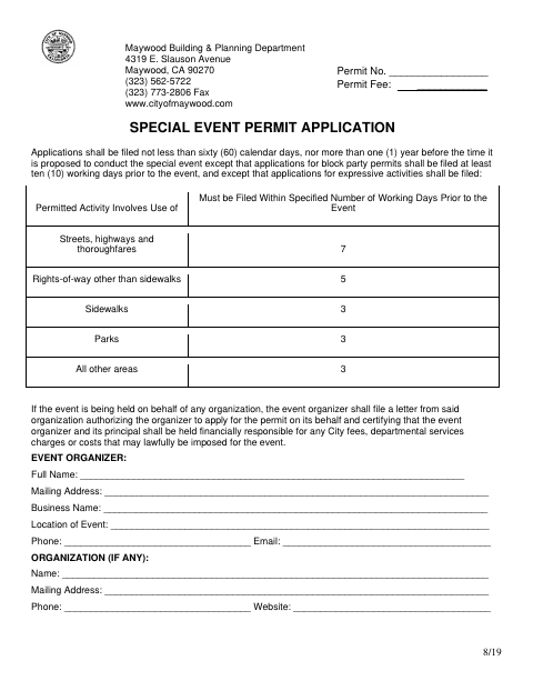 First page of the Special Event Permit Application
