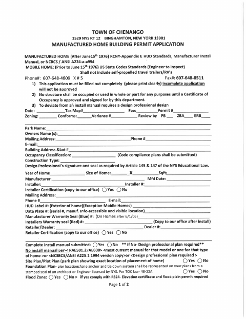 First page of the Manufactured Home Building Permit Application