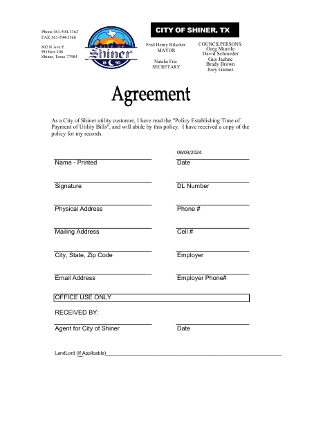 First page of the Service Agreement for Utilities