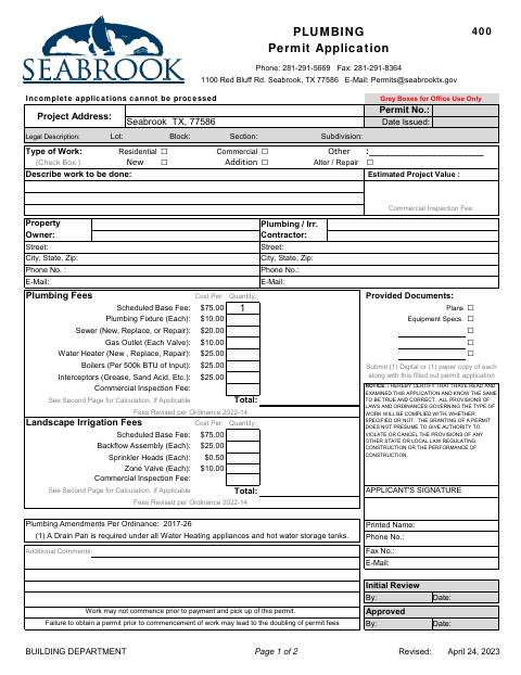 First page of the Plumbing Permit Application
