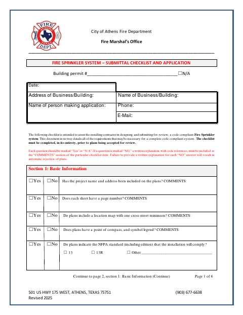 First page of the Fire Sprinkler System Submittal Checklist and Application