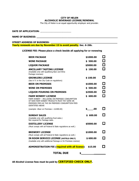 First page of the Alcoholic Beverage License Renewal