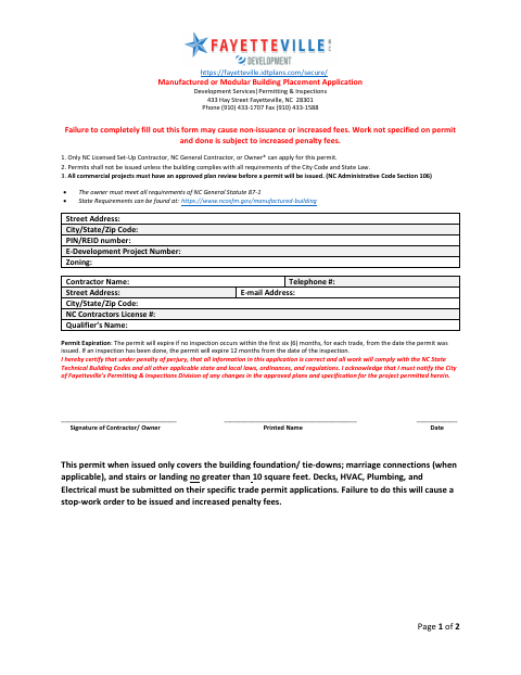 First page of the Manufactured or Modular Building Placement Application