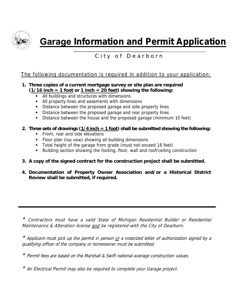 First page of the Garage Permit Application