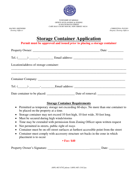 First page of the Storage Container Application