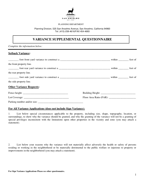 First page of the Variance Supplemental Questionnaire
