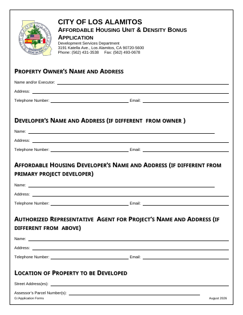 First page of the Affordable Housing Unit & Density Bonus Application