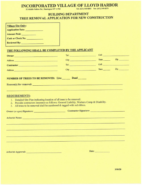 First page of the Tree Removal Application for New Construction