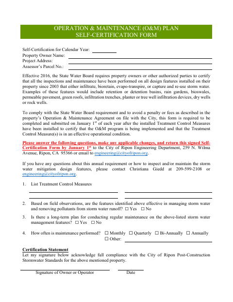 First page of the Operation and Maintenance Plan Self-Certification Form