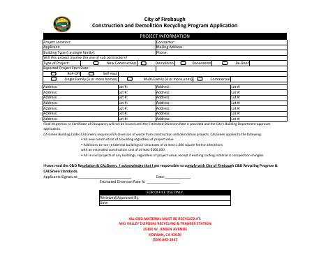First page of the Construction and Demolition Recycling Program Application