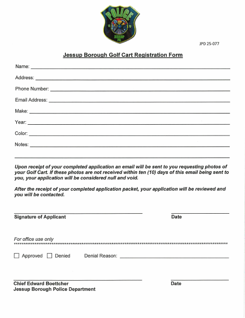 First page of the Golf Cart Registration Form